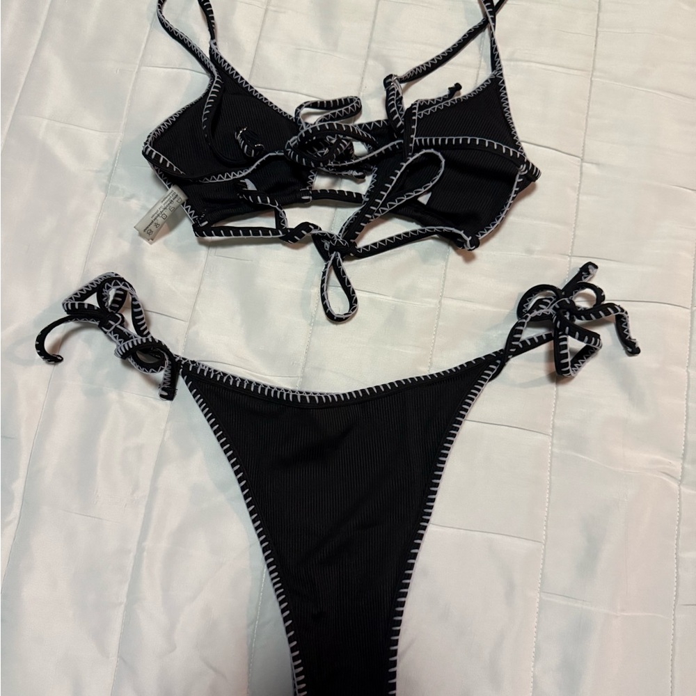 Shein Black Bikini with White Ladder Stitch Trim, Worn Once!